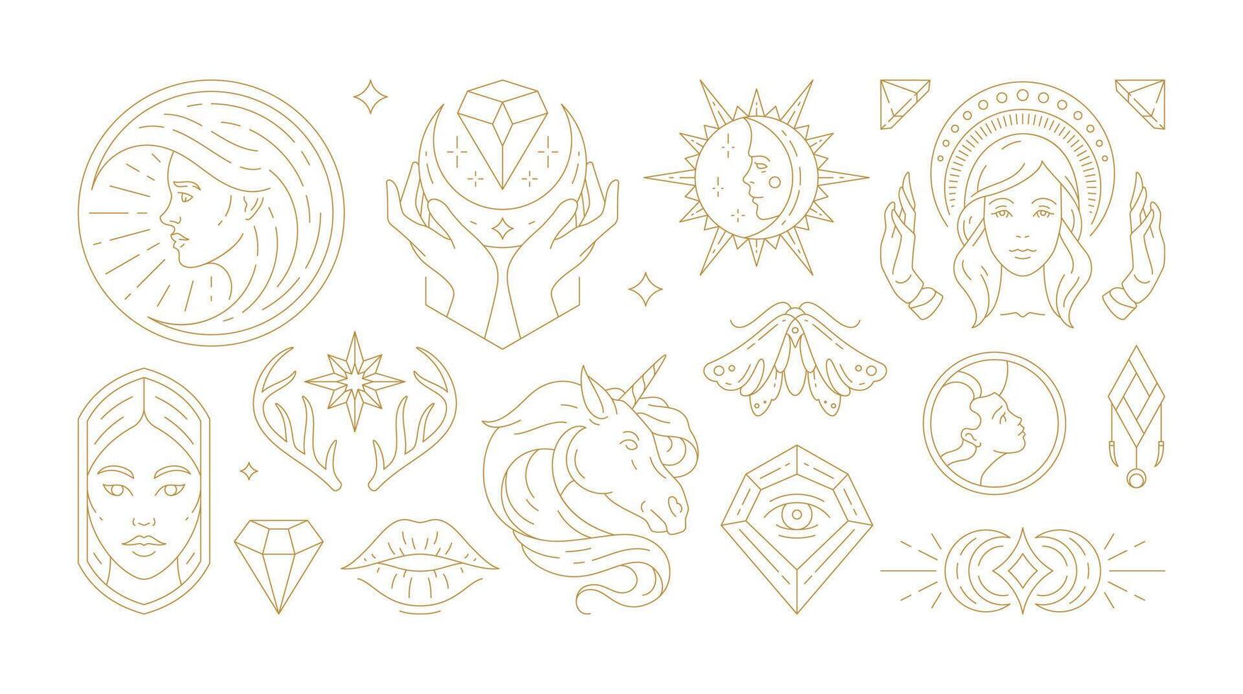 Magic woman boho illustrations of graceful feminine women and esoteric symbols set vector