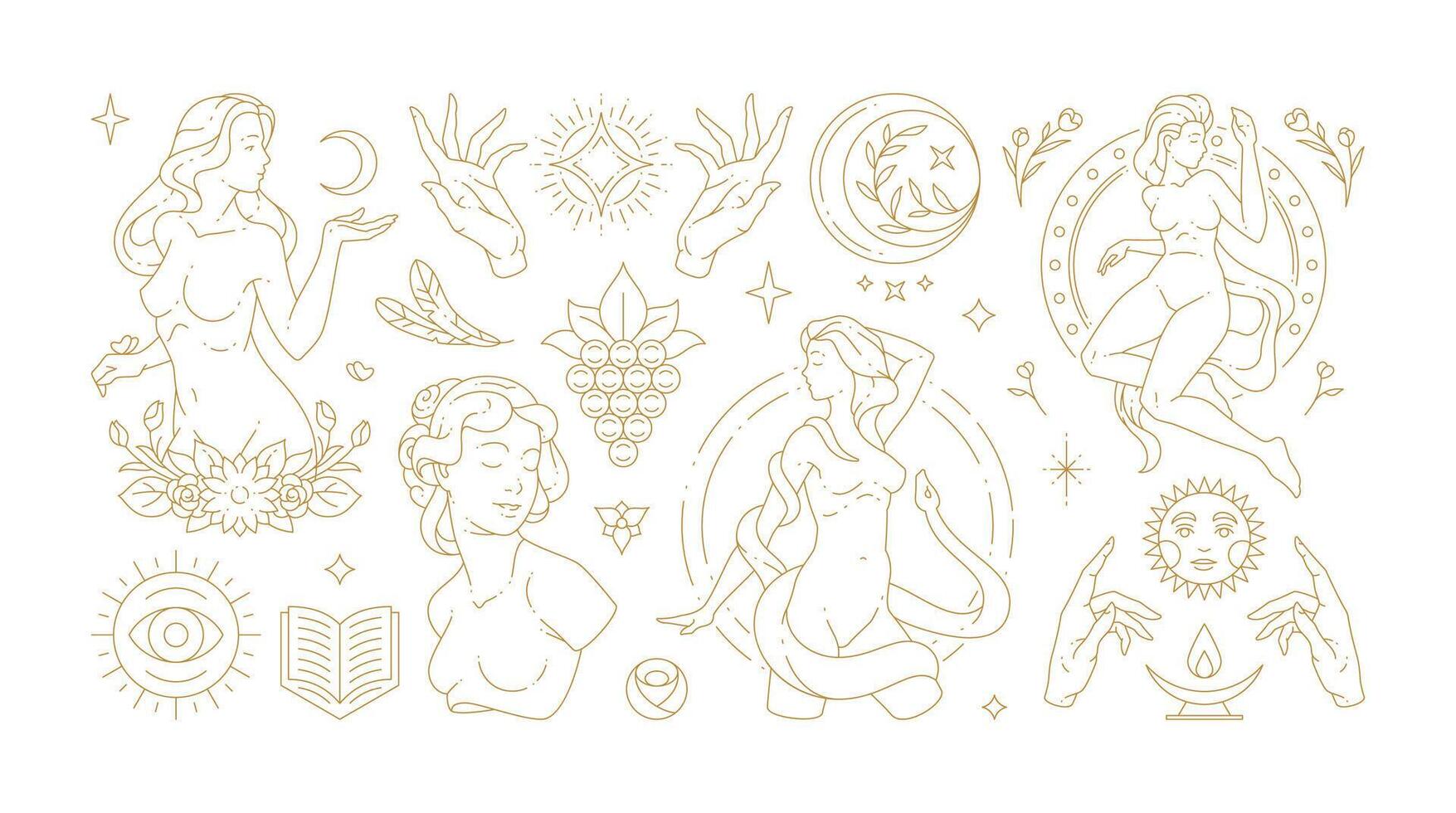 Magic woman boho illustrations of graceful feminine women and esoteric symbols set vector