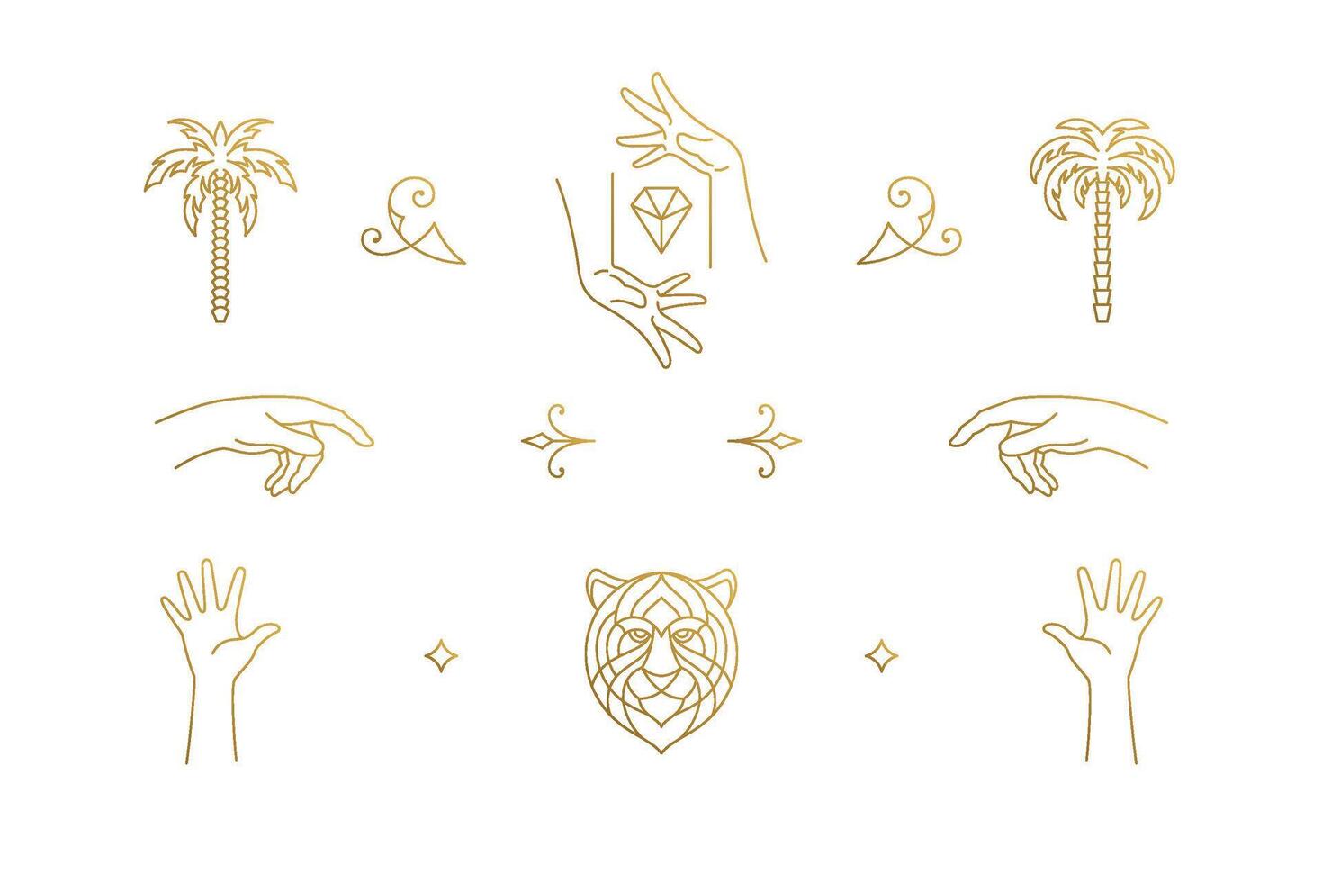 line elegant decoration design elements set - tiger head and gesture hands illustrations minimal linear style vector