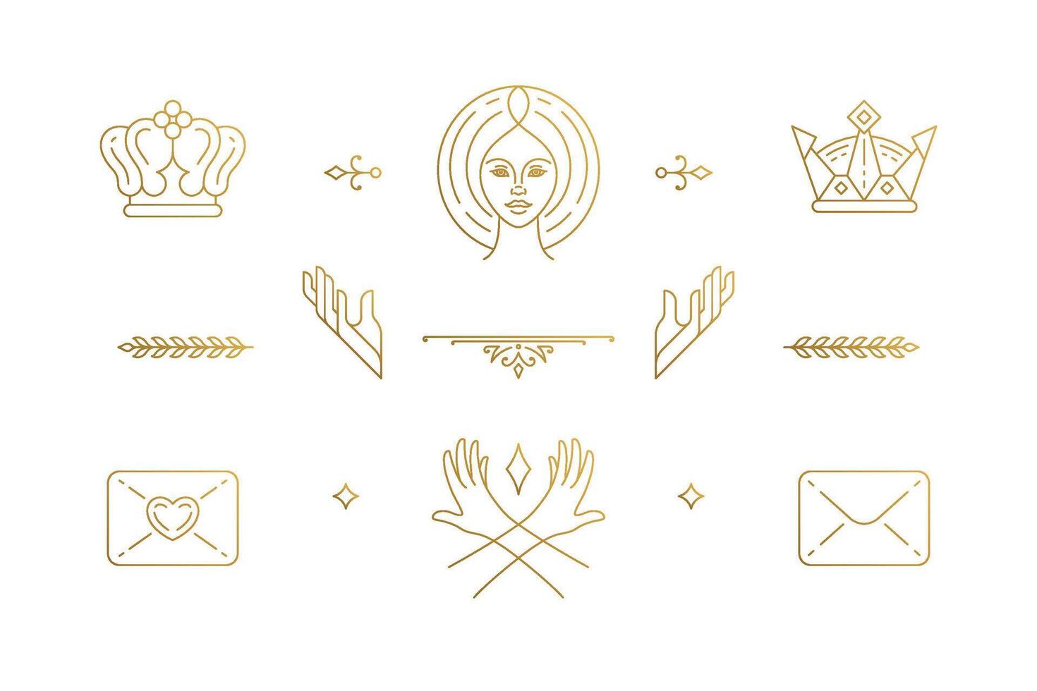 line feminine decoration design elements set - female face and gesture hands illustrations minimal linear style vector