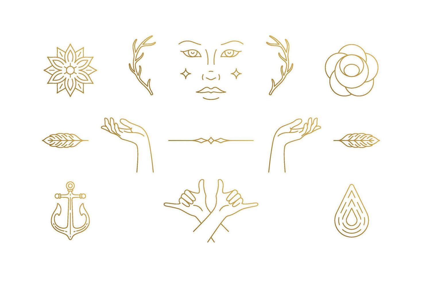 line feminine decoration design elements set - female face and gesture hands illustrations minimal linear style vector