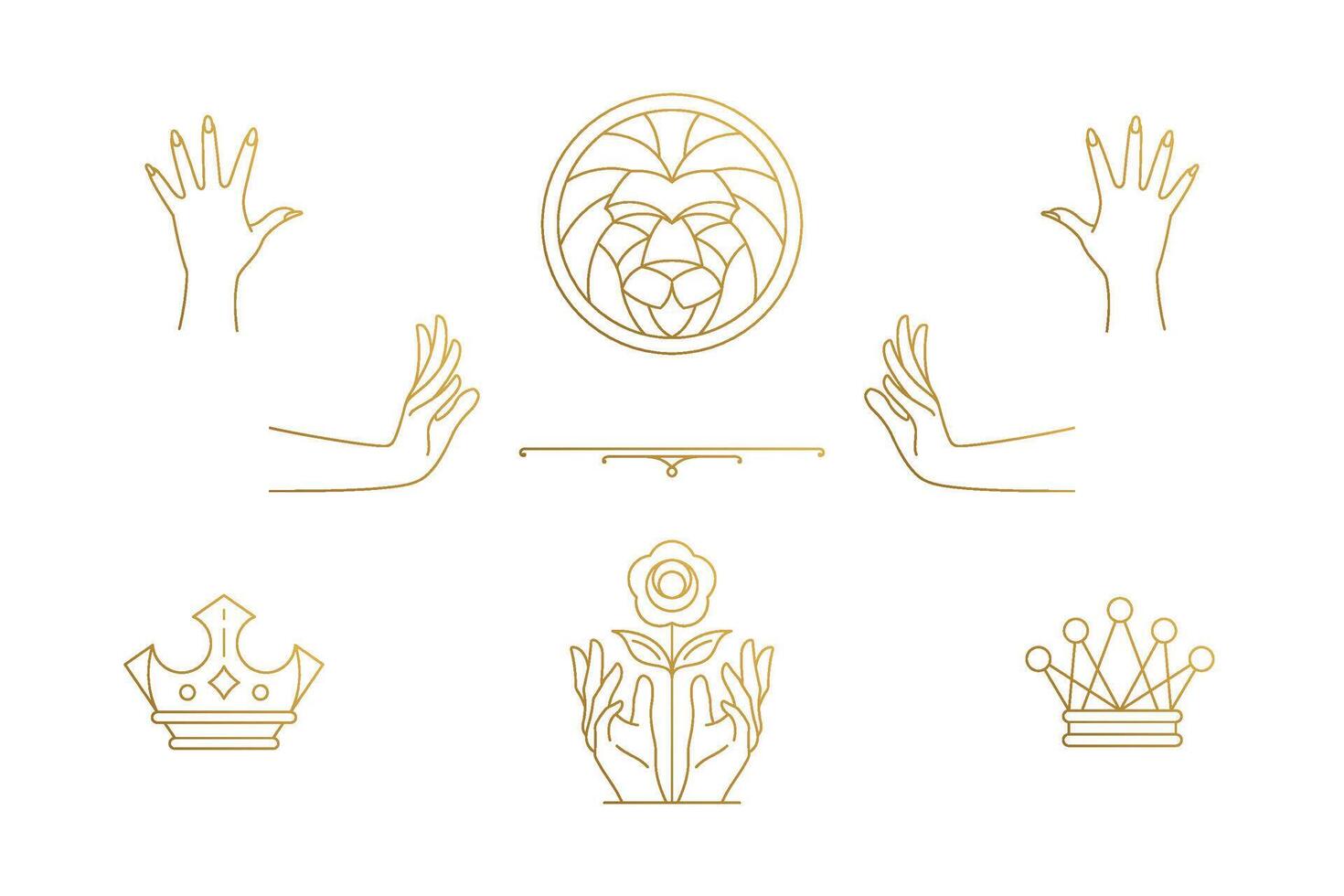 line elegant decoration design elements set - lion head and gesture hands illustrations minimal linear style vector