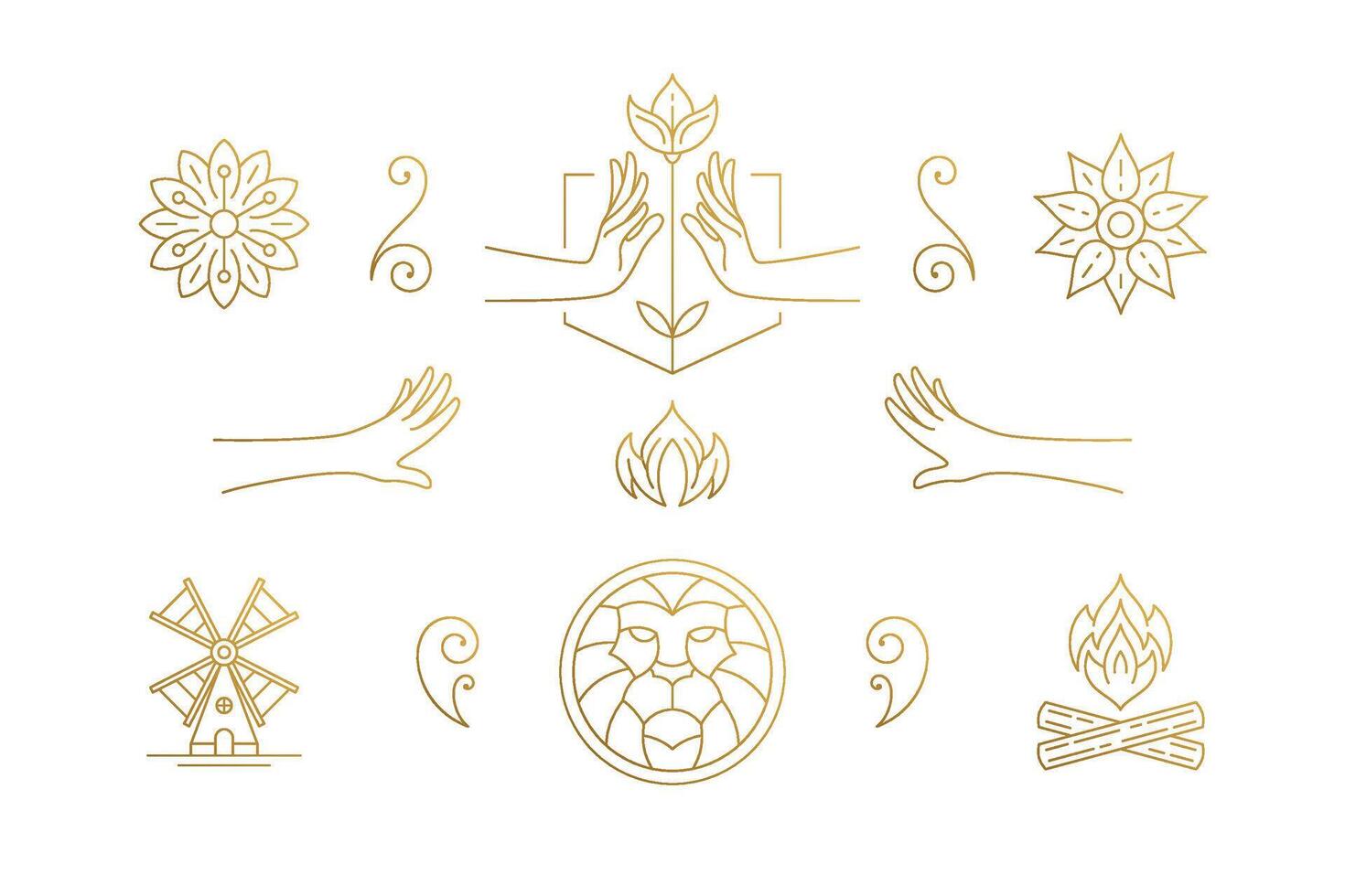 line elegant decoration design elements set - lion head and gesture hands illustrations minimal linear style vector