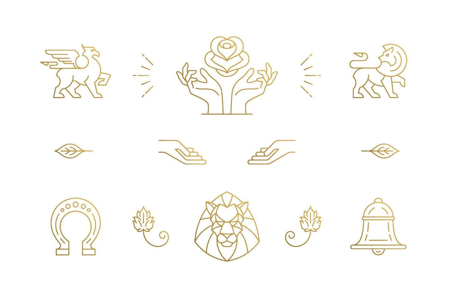 line elegant decoration design elements set - lion head and gesture hands illustrations minimal linear style vector