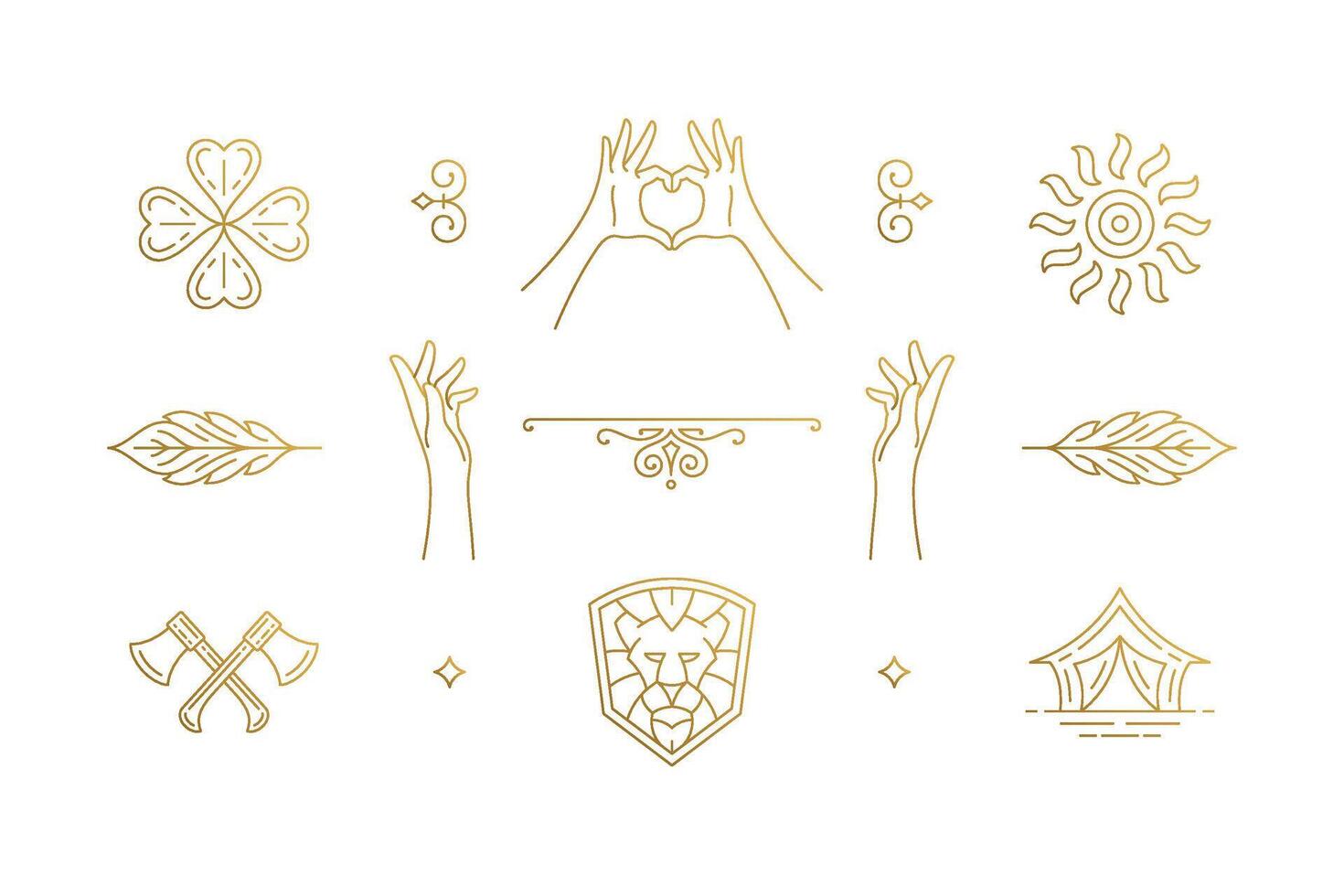 line elegant decoration design elements set - lion head and gesture hands illustrations minimal linear style vector