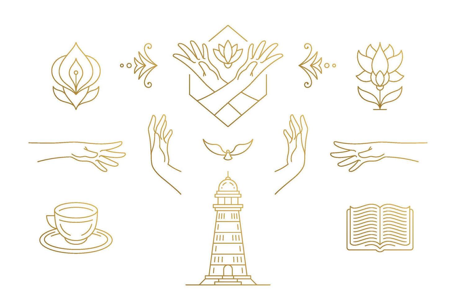 line elegant decoration design elements set - flowers and gesture hands illustrations minimal linear style vector