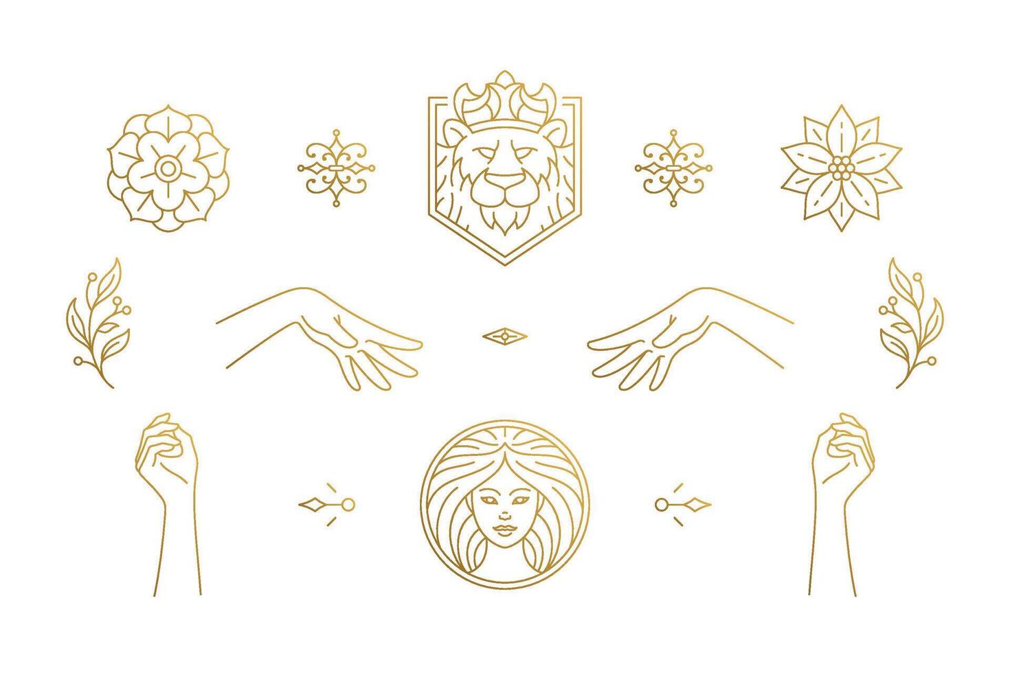line feminine decoration design elements set - female face and gesture hands illustrations minimal linear style vector