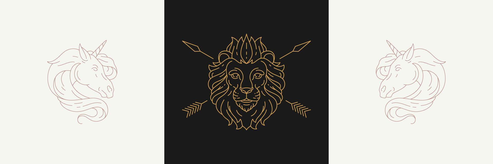 Magical heads of unicorns and lion with arrows in linear style illustrations set. vector