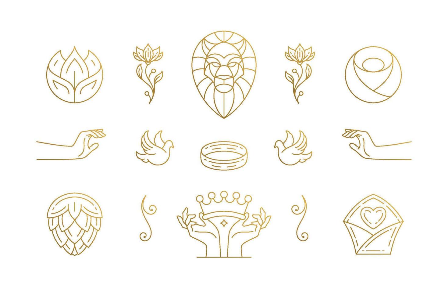 line elegant decoration design elements set - lion head and gesture hands illustrations minimal linear style vector