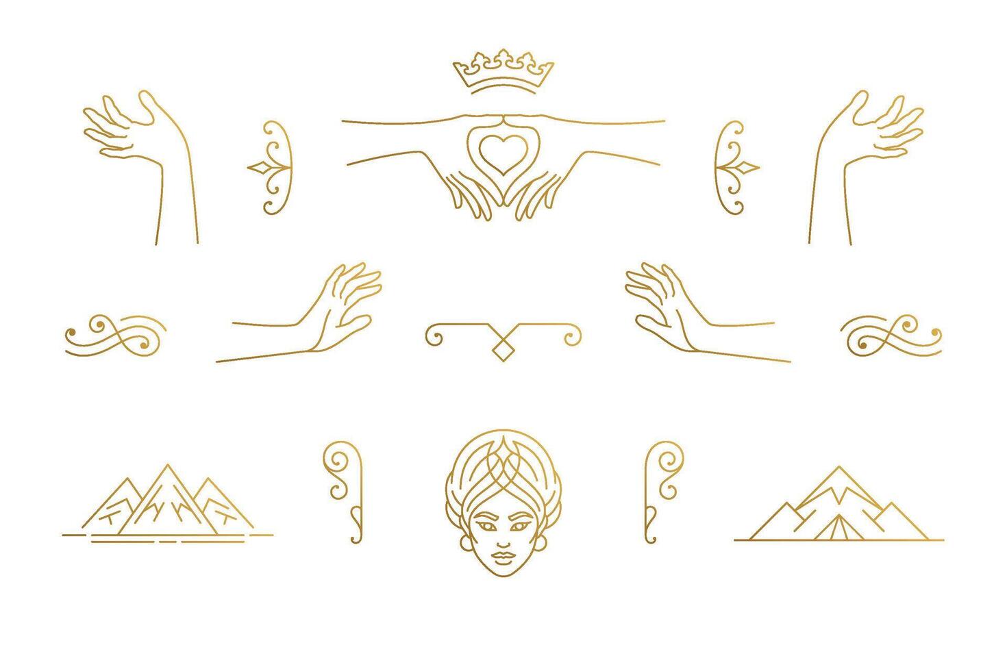 line feminine decoration design elements set - female face and gesture hands illustrations minimal linear style vector