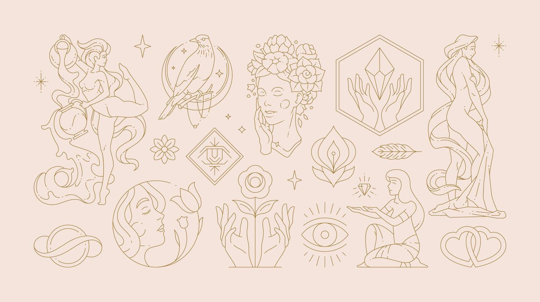 Magic woman boho illustrations of graceful feminine women and esoteric symbols set. vector