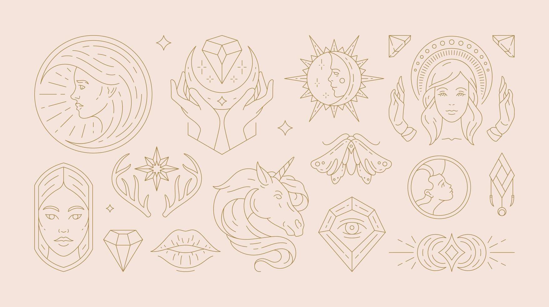 Magic woman boho illustrations of graceful feminine women and esoteric symbols set. vector