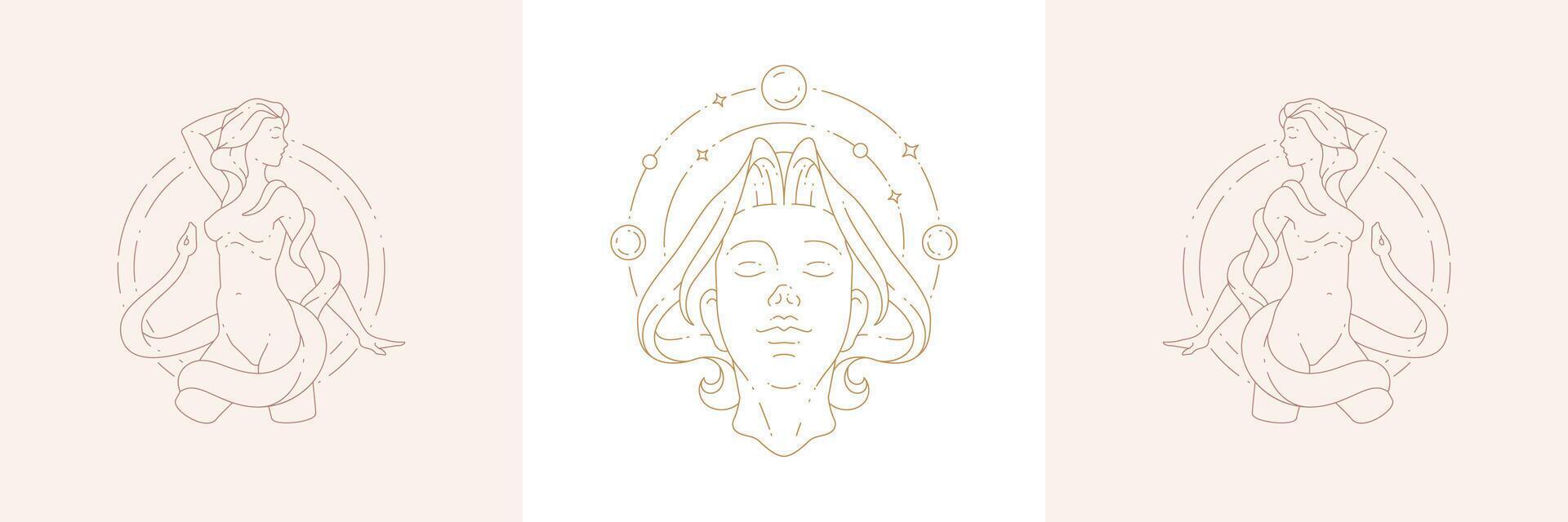 Magic female nature enchantress and snake in boho linear style illustrations set. vector