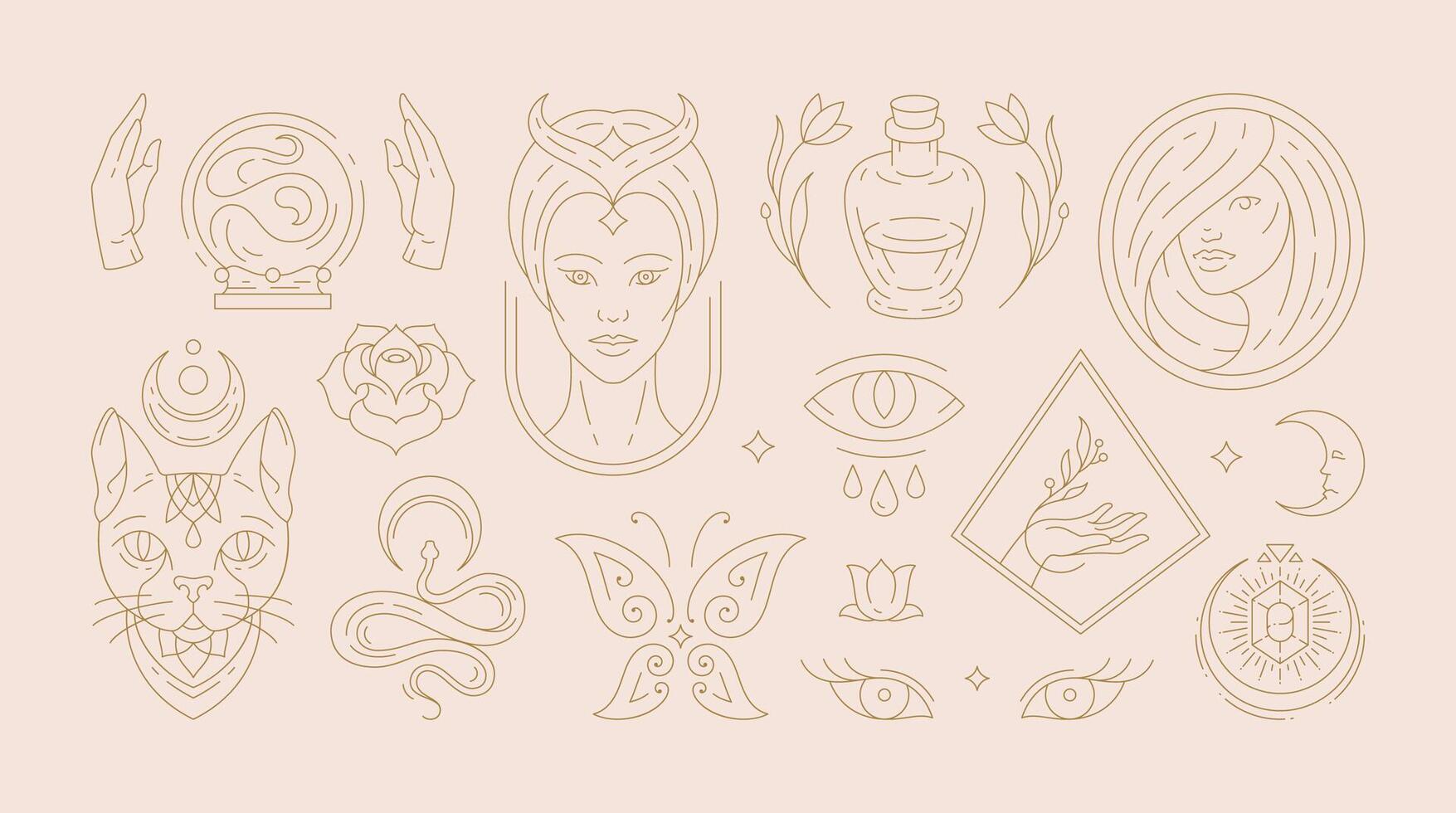 Magic woman boho illustrations of graceful feminine women and esoteric symbols set. vector