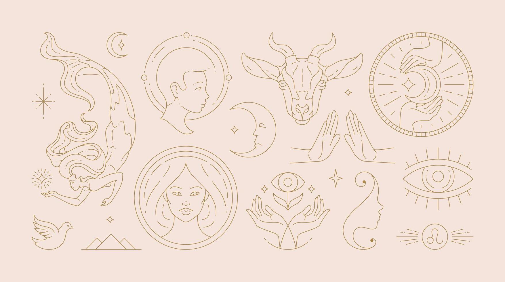 Magic woman boho illustrations of graceful feminine women and esoteric symbols set. vector