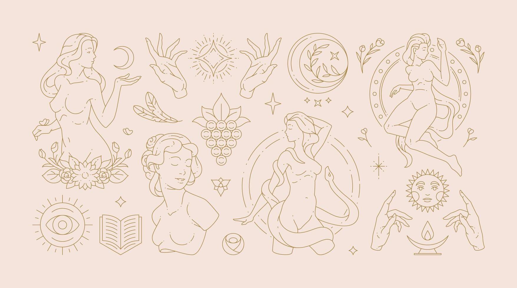 Magic woman boho illustrations of graceful feminine women and esoteric symbols set. vector