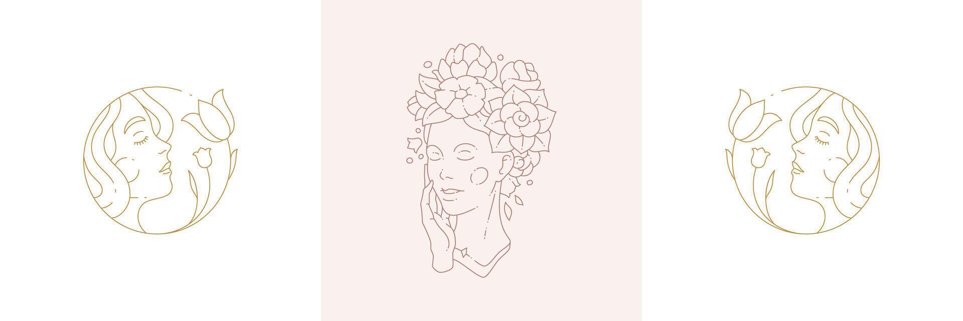 Magic nymphs tender female enchantresses in boho linear style illustrations set. vector