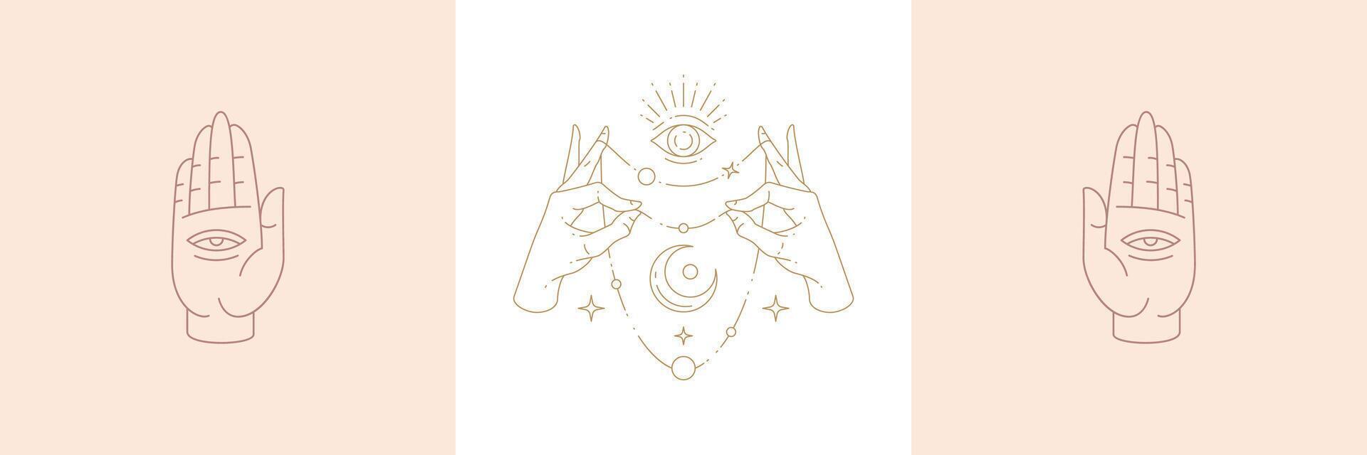 Magic eyes and hands palms with moon in boho linear style illustrations set. vector