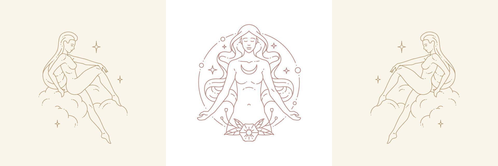 Magic female creature and woman on cloud in boho linear style illustrations set. vector