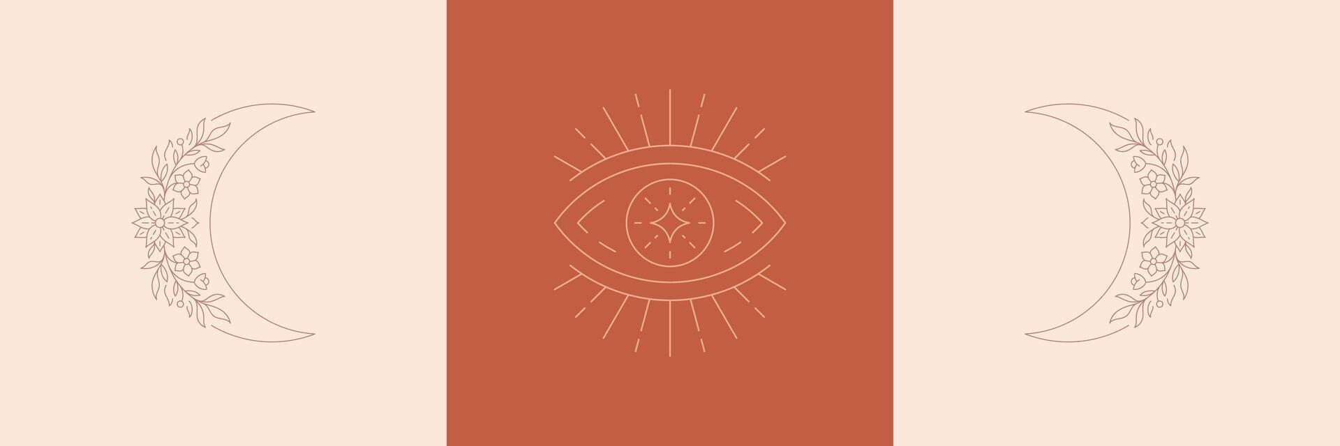 Magic eye and moon crescent with flowers in boho linear style illustrations set. vector