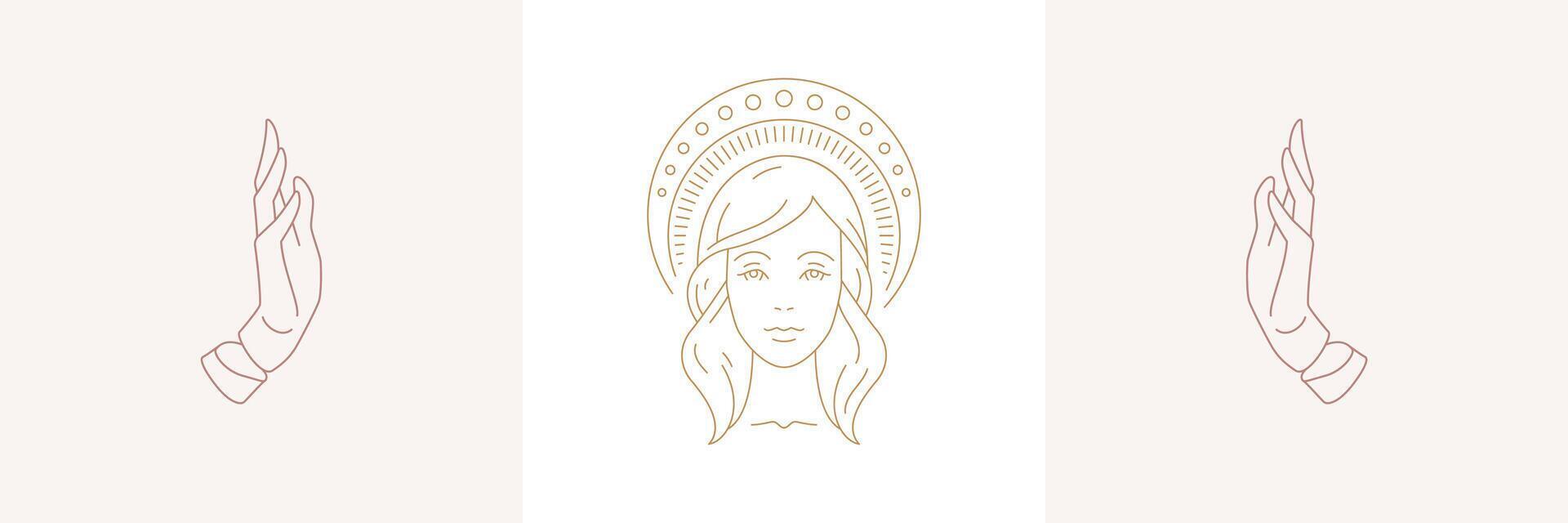 Magic woman face with halo and female praying hands gestures in boho linear style illustrations set vector