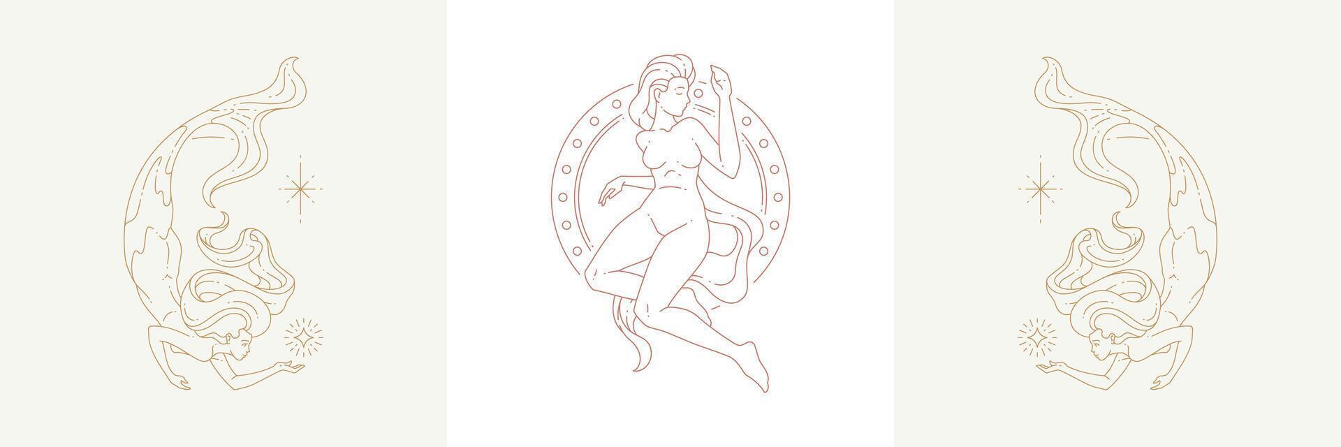Magic female creature and mermaid in boho linear style illustrations set. vector
