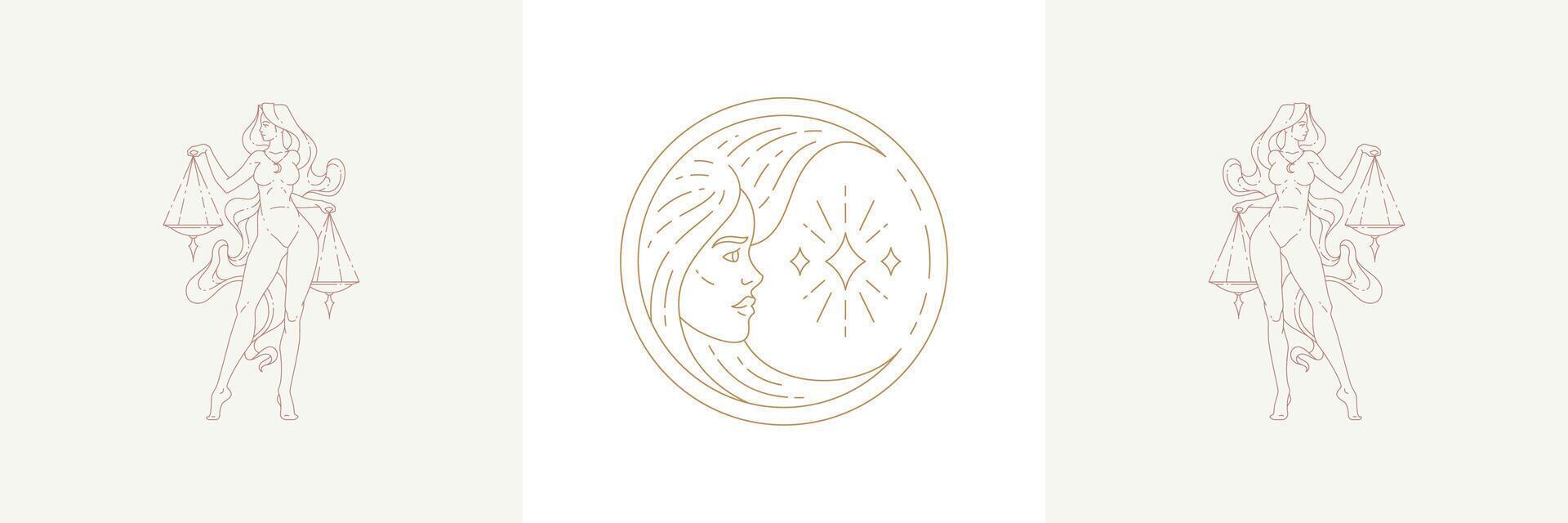 Magic woman face as moon crescent and female libra in boho linear style illustrations set. vector