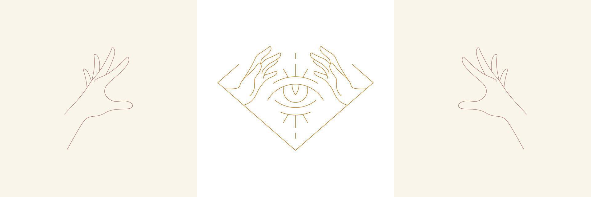 Magic woman praying hands and mystic eye in linear style illustrations set. vector
