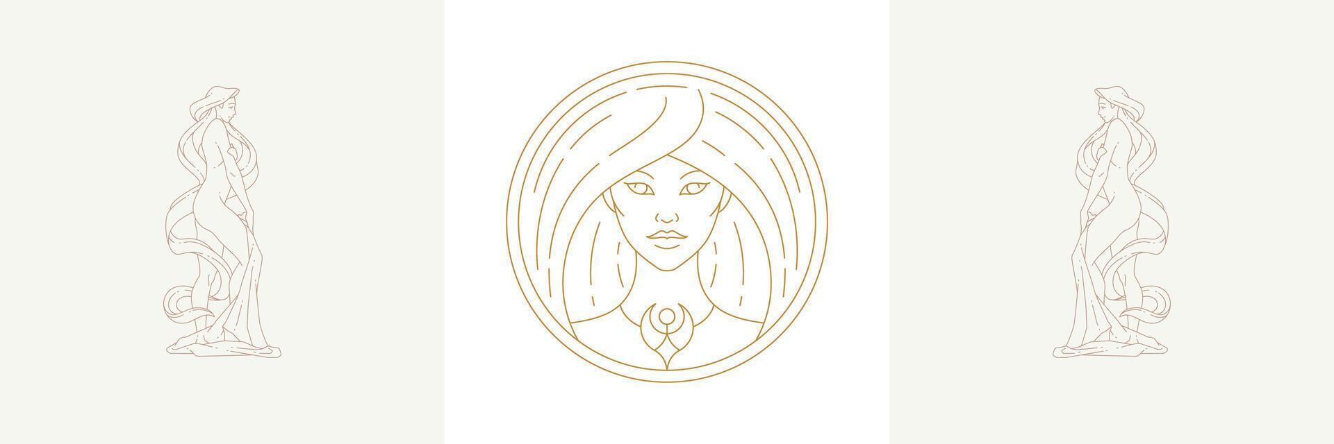Magic woman circle head and female virgo in boho linear style illustrations set. vector