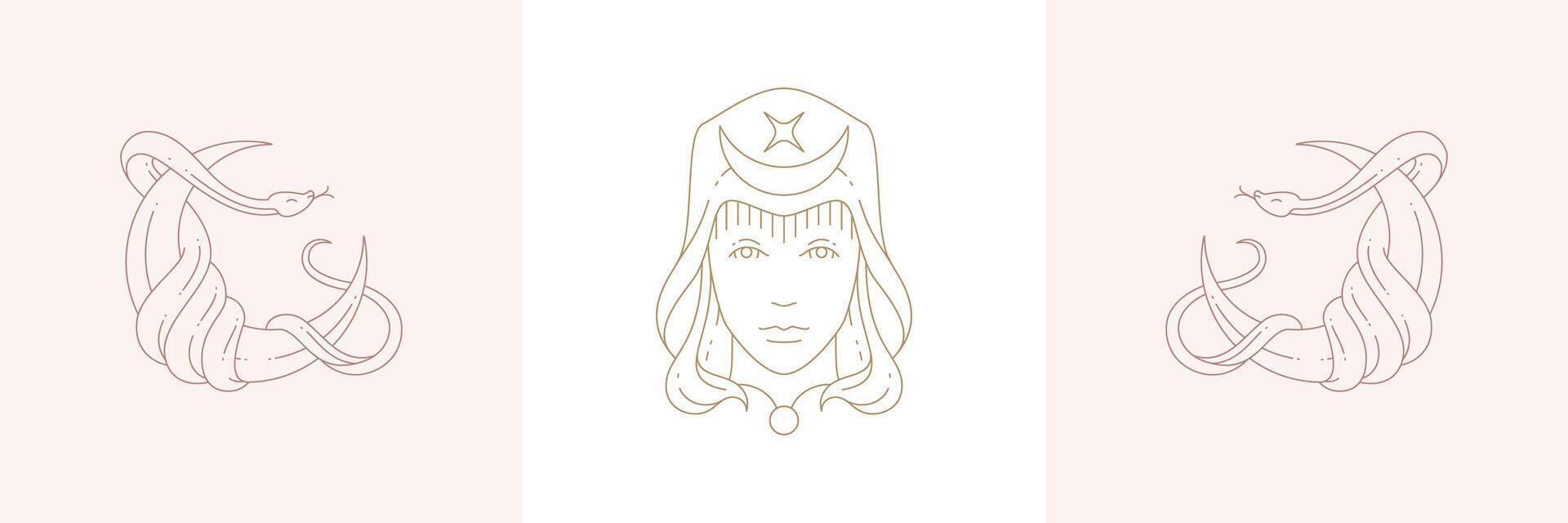Magic woman enchantress head and crescent with curvy snakes in boho linear style illustrations set. vector