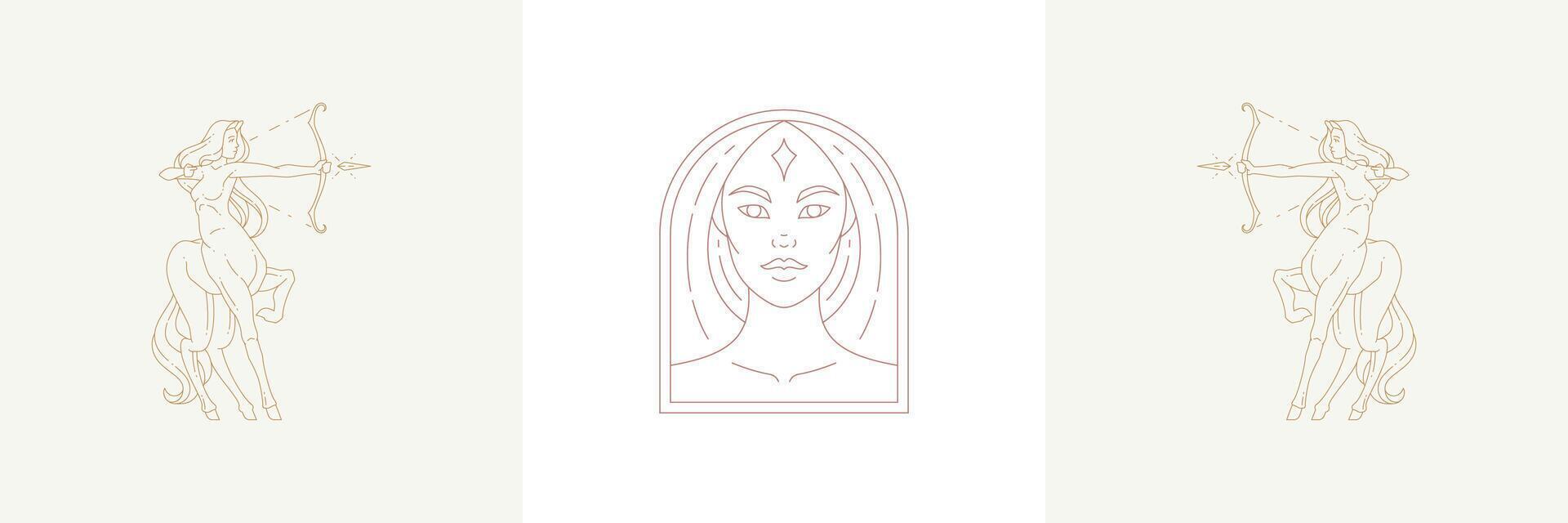 Magic woman head and female sagittarius in boho linear style illustrations set. vector