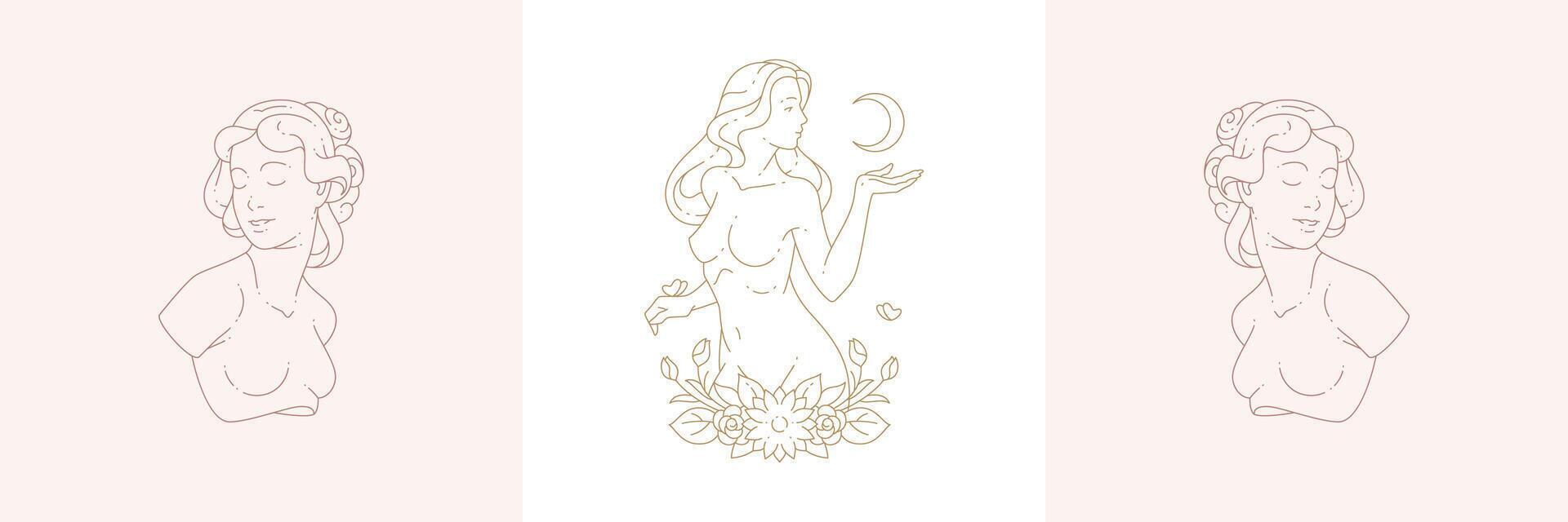 Female busts and magic woman with moon crescent in boho linear style illustrations set. vector