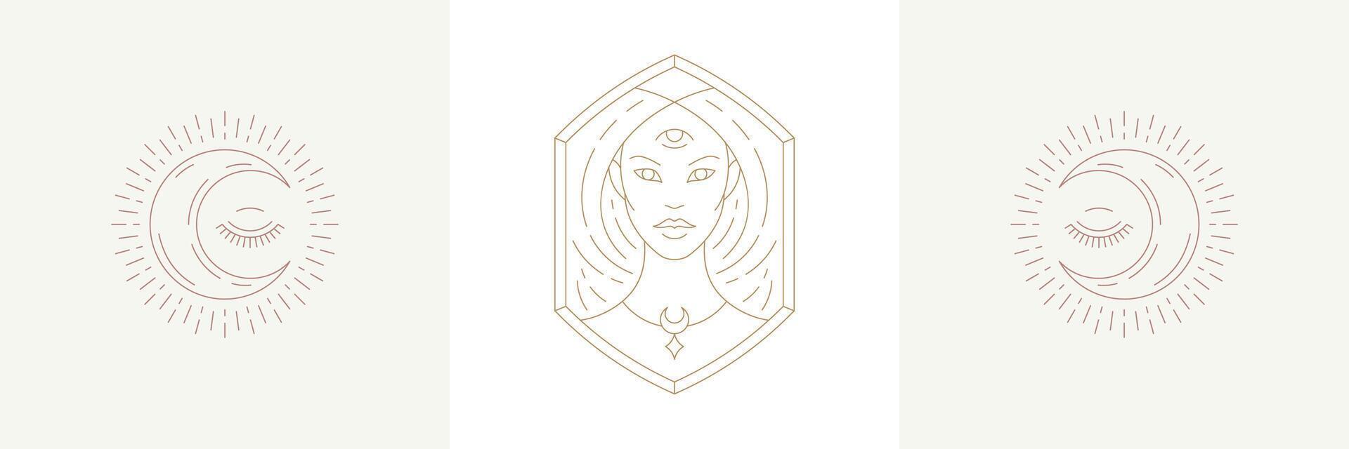 Magic woman and moon crescent with eye in boho linear style illustrations set. vector