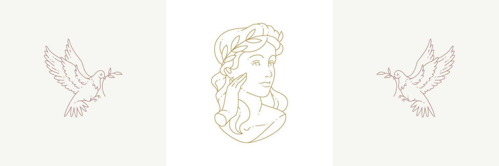 Woman bust and flying doves with olive branches in boho linear style illustrations set. vector