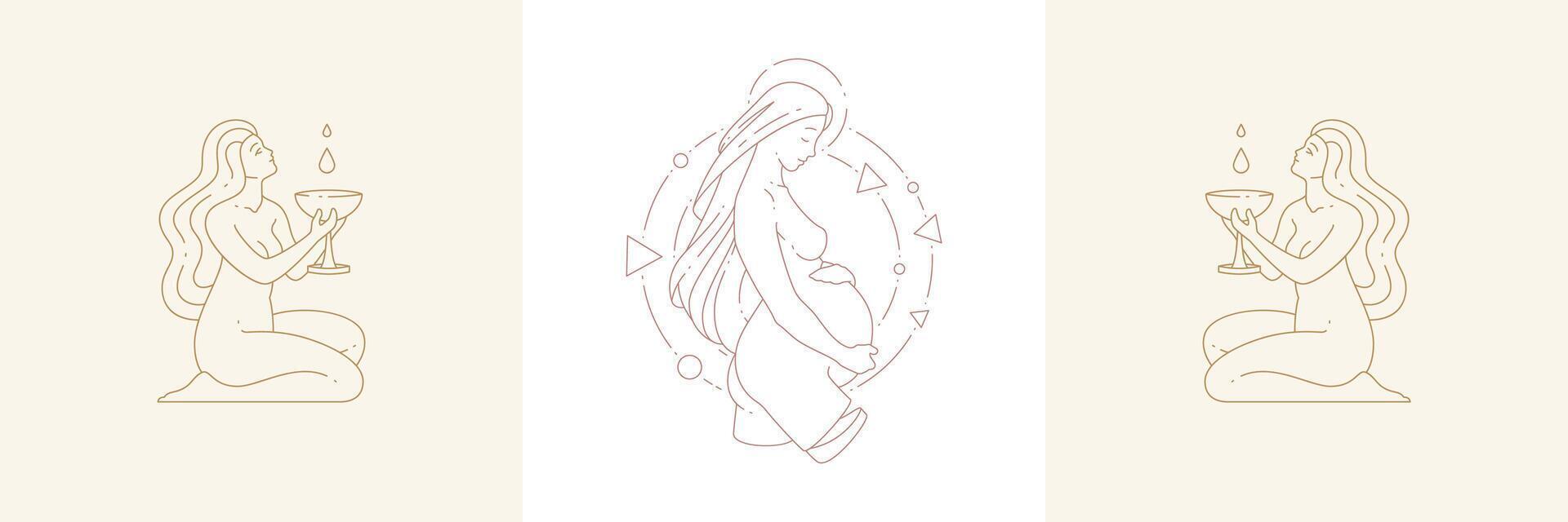 Pregant woman and fertility females with cups in boho linear style illustrations set. vector
