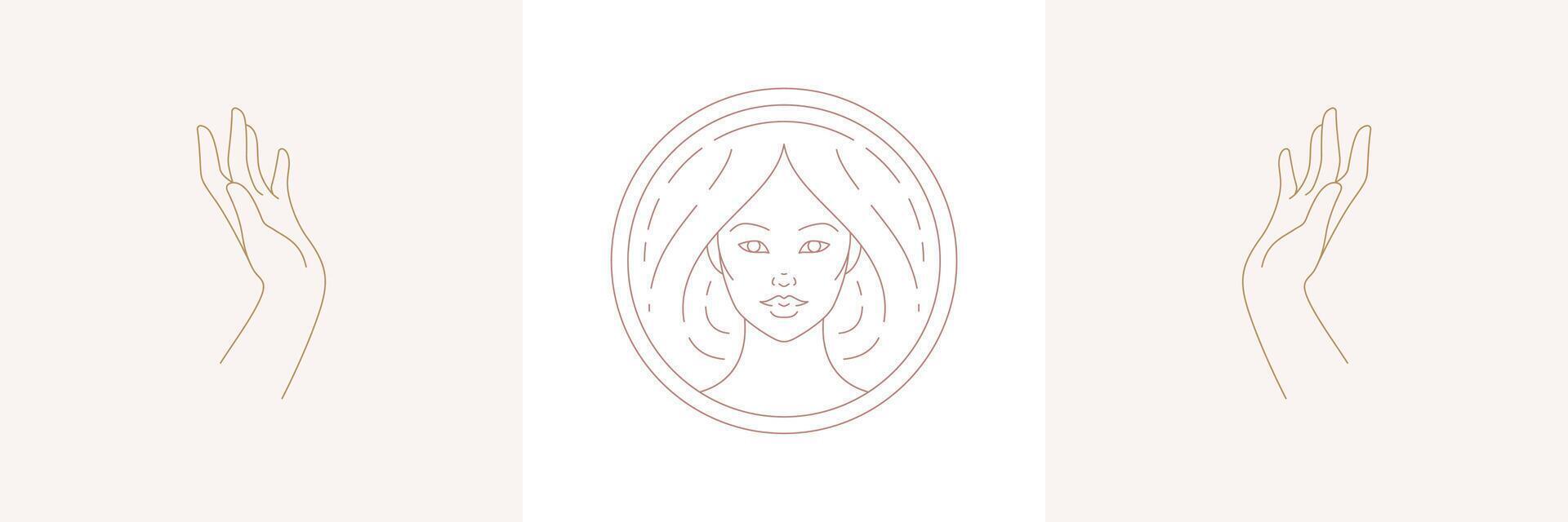 Magic woman with hairstyle and praying female hands gestures in boho linear style illustrations set vector