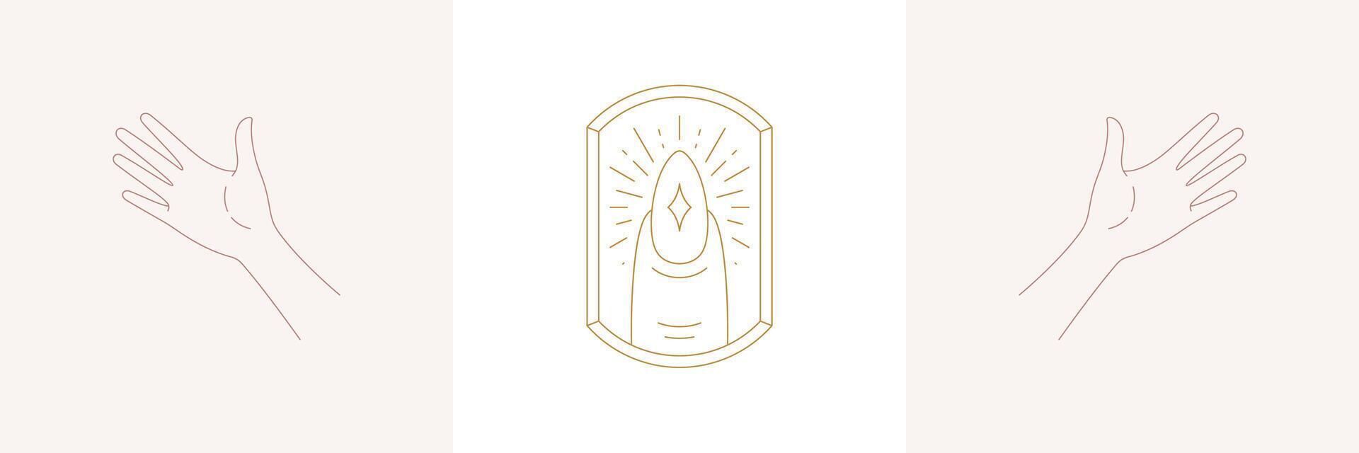 Praying woman hands and hiny finger with nail in boho linear style illustrations set. vector