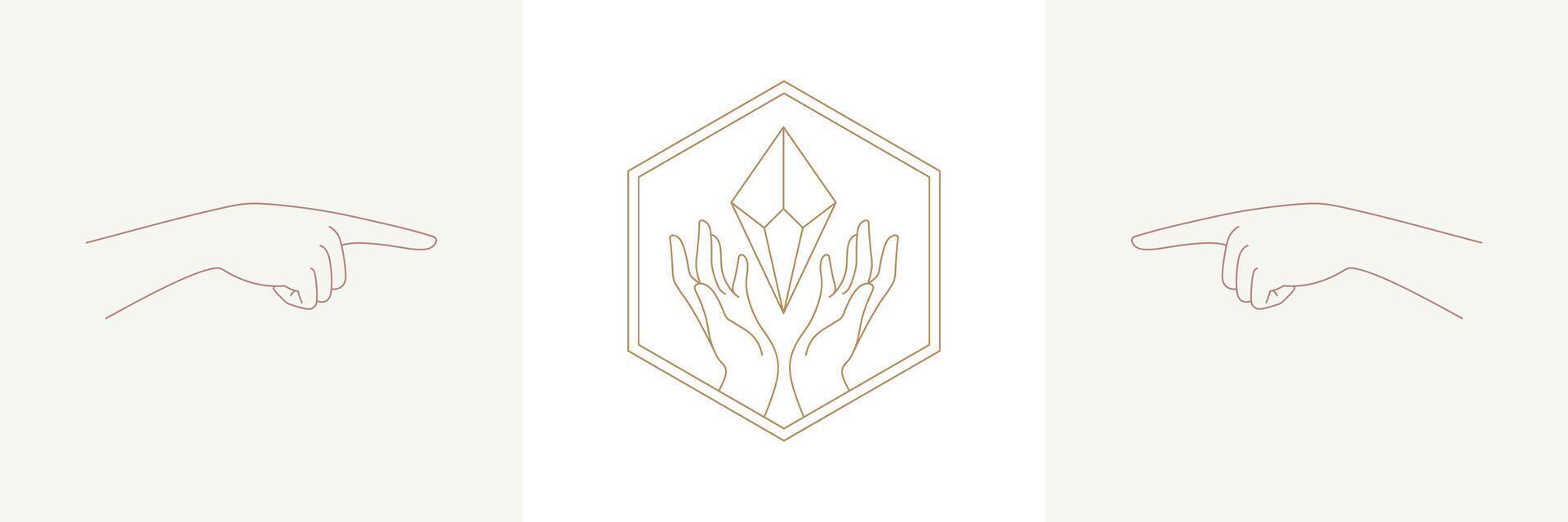 Woman hands with diamond in boho linear style illustrations set vector