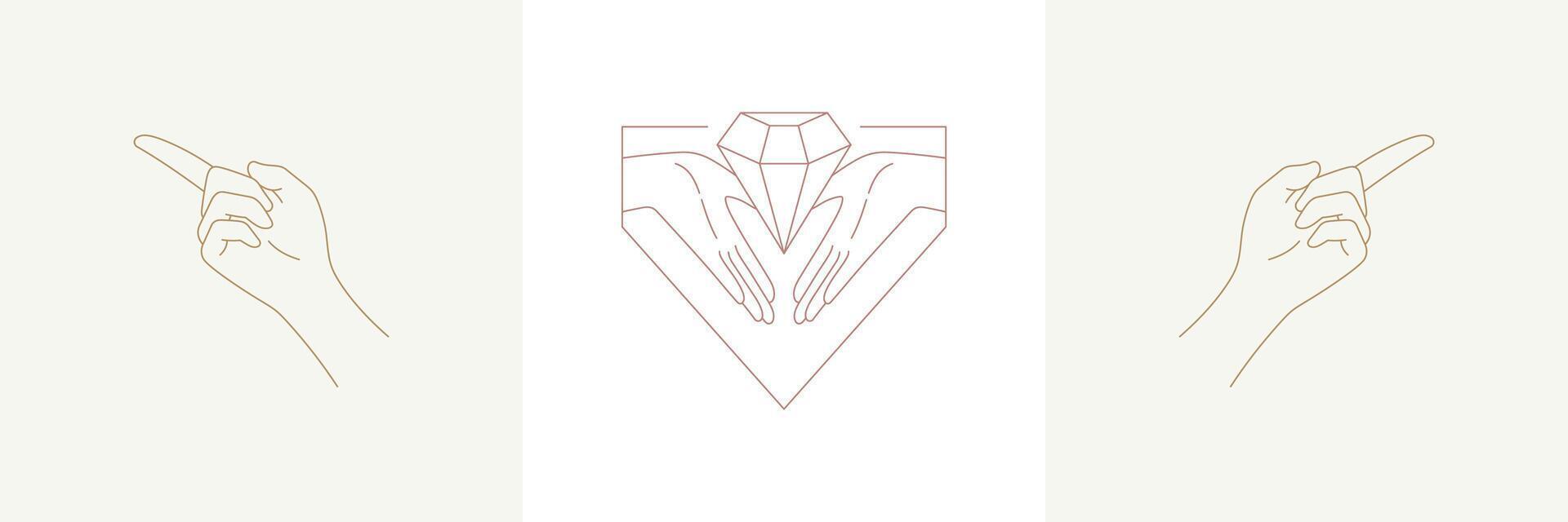 Woman hands with diamond in boho linear style illustrations set vector