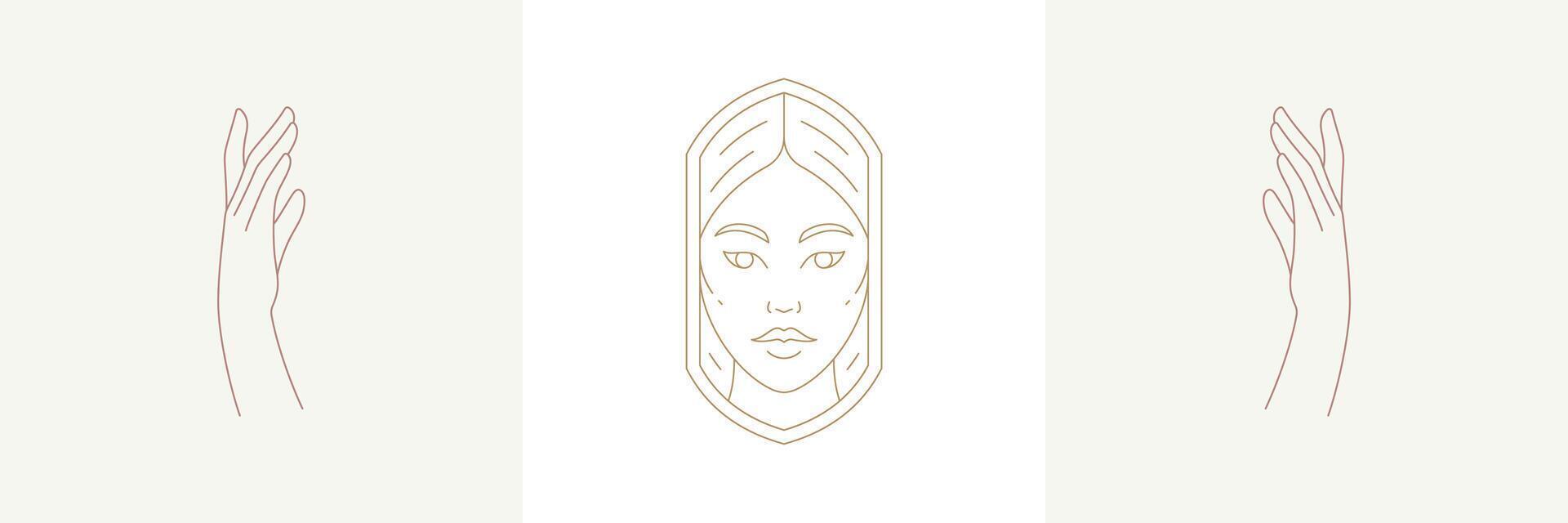 Magic woman with hairstyle and praying female hands gestures in boho linear style illustrations set. vector