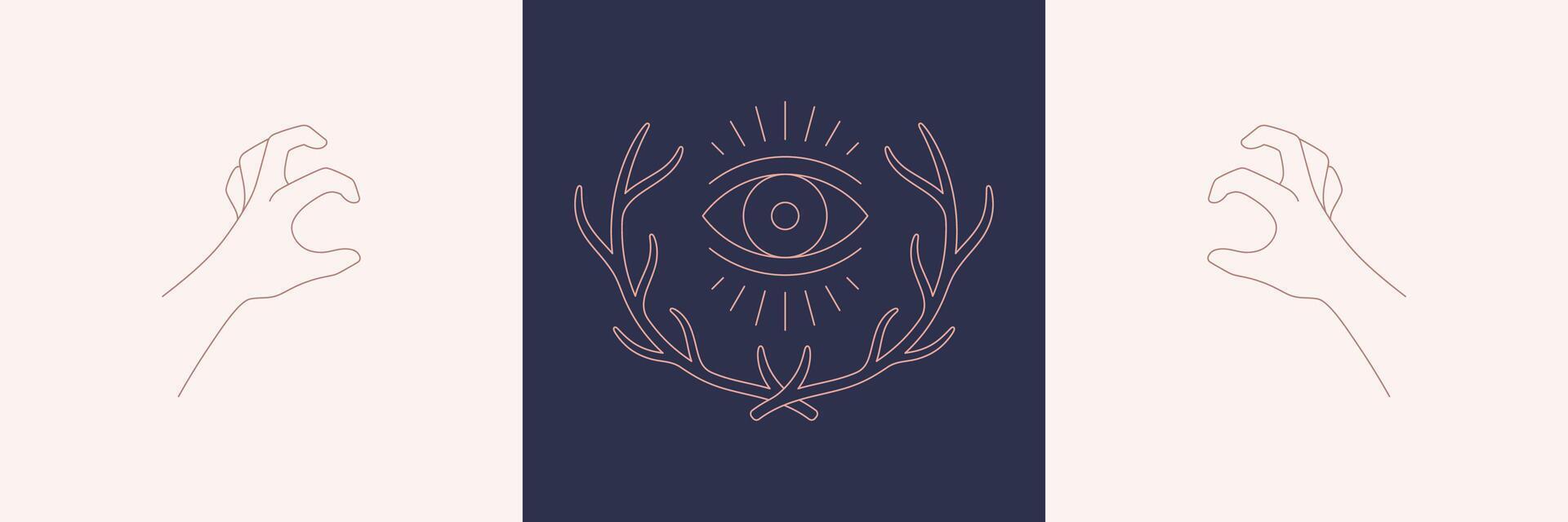 Antlers and hands with crooked fingers in boho linear style illustrations set. vector