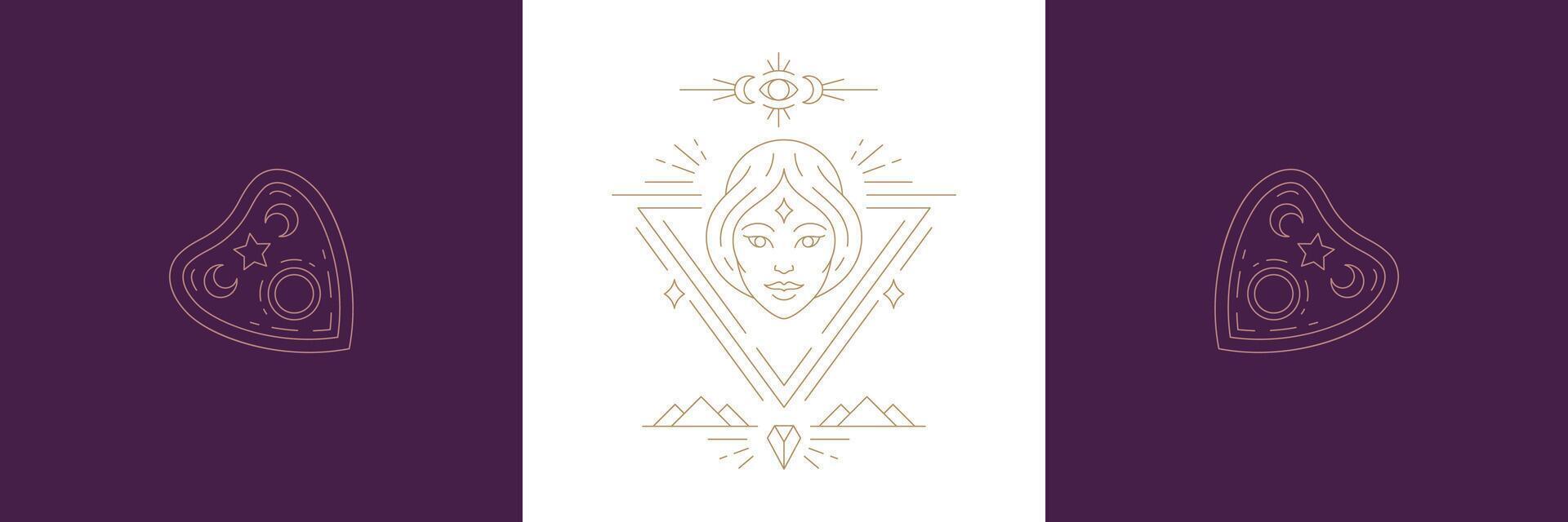 Magic woman face and ouija board pointer in boho linear style illustrations set. vector
