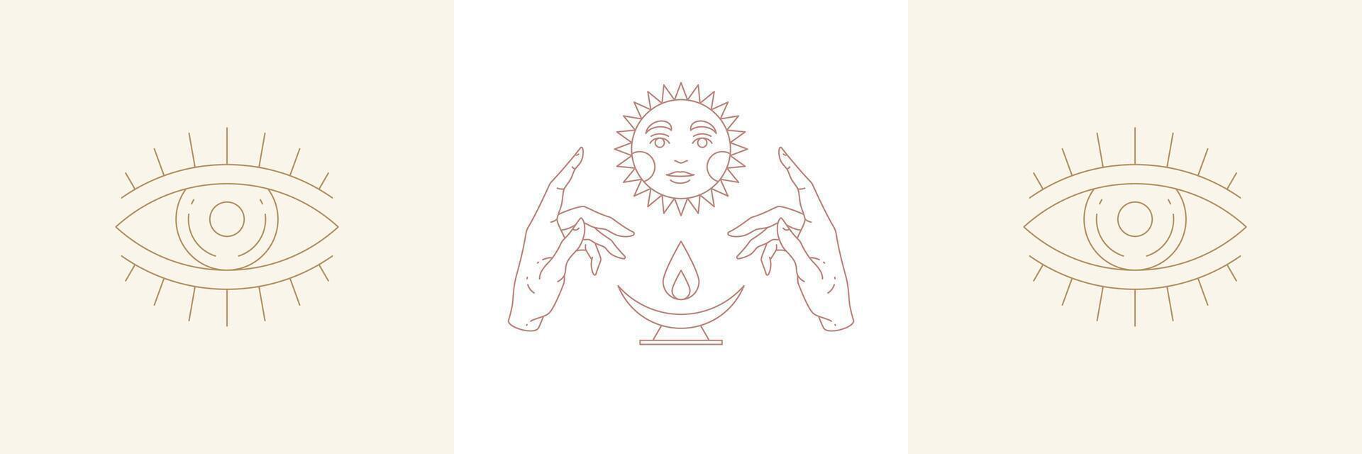 Ritual hands and sun with eye in boho linear style illustrations set. vector