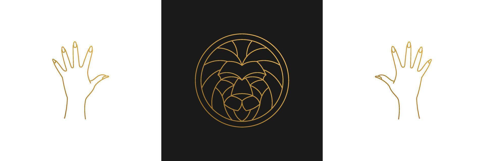 line elegant decoration design elements set - lion head and gesture hands illustrations minimal linear style vector