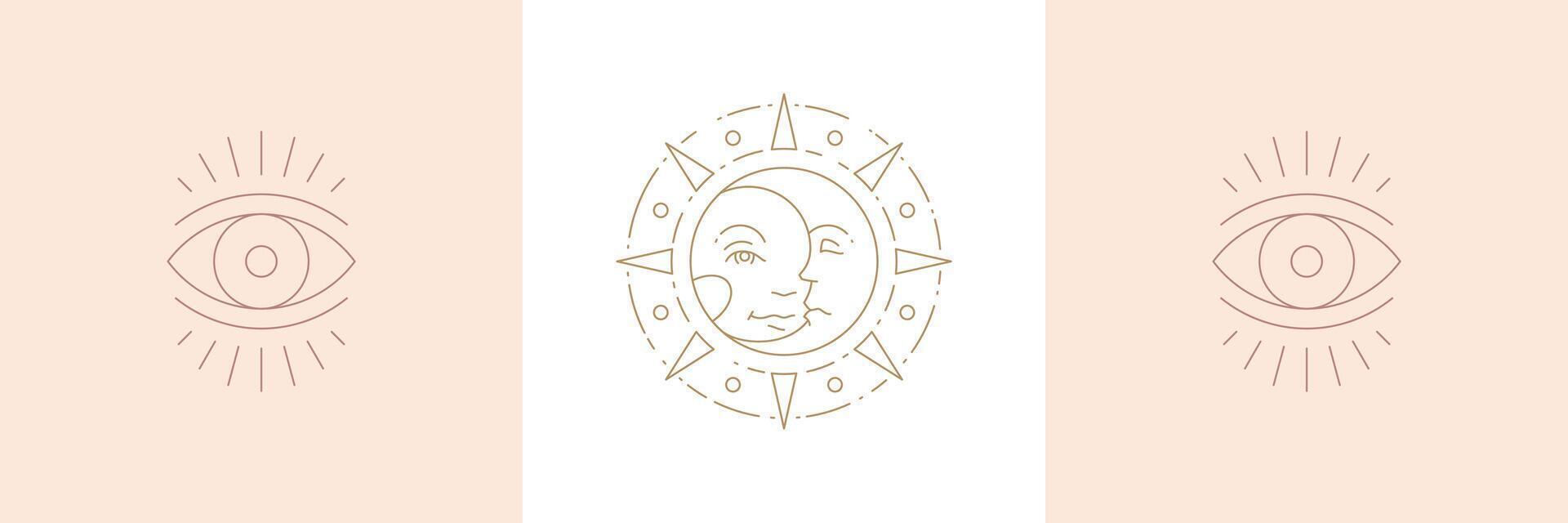 Magic sun with moon and eye of wisdom in boho linear style illustrations set. vector