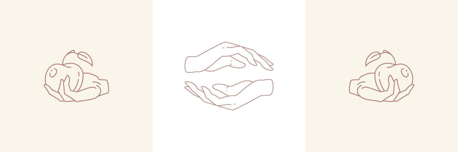 Magic hands holding pears in boho linear style illustrations set. vector