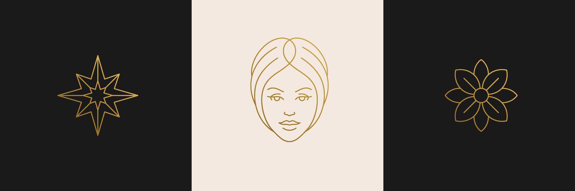 line feminine decoration design elements set - flower and female gesture hands illustrations minimal linear style vector
