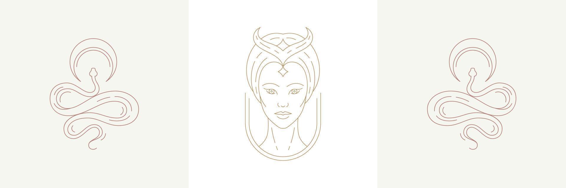 Magic woman enchantress head and crescent with curvy snakes in boho linear style illustrations set vector