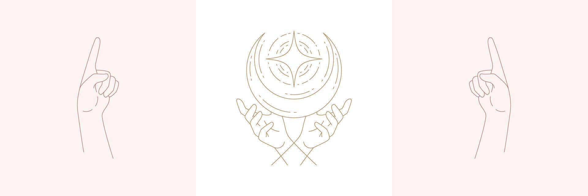 Woman hands and moon crescent in boho linear style illustrations set. vector