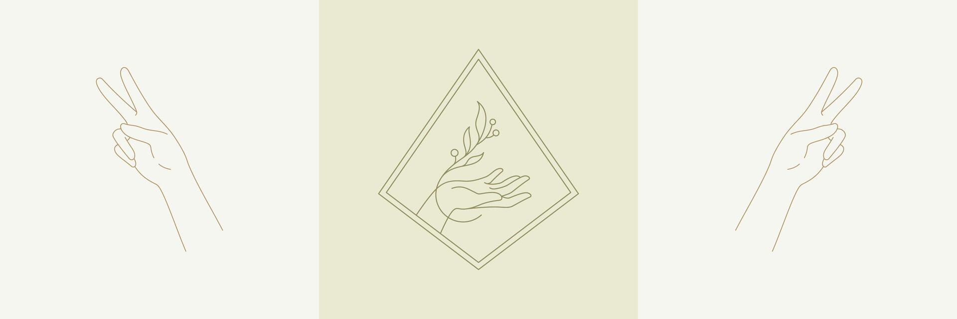 Woman hands gestures in boho linear style illustrations set. vector